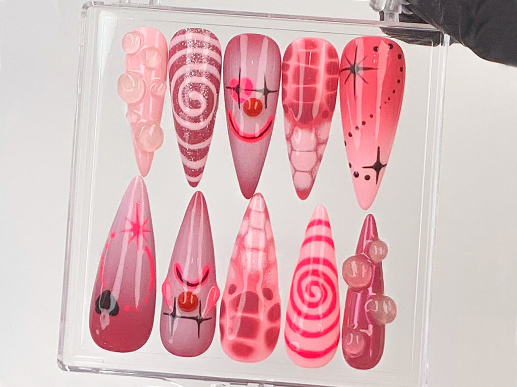Creepy Clown Horror Press On Nails, Spooky Halloween Fake Nails, 3D Horror Clown Design