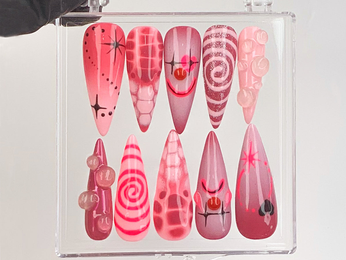Creepy Clown Horror Press On Nails, Spooky Halloween Fake Nails, 3D Horror Clown Design