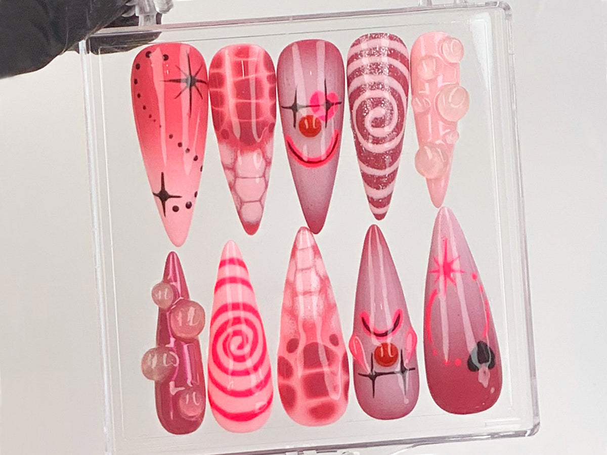Creepy Clown Horror Press On Nails, Spooky Halloween Fake Nails, 3D Horror Clown Design