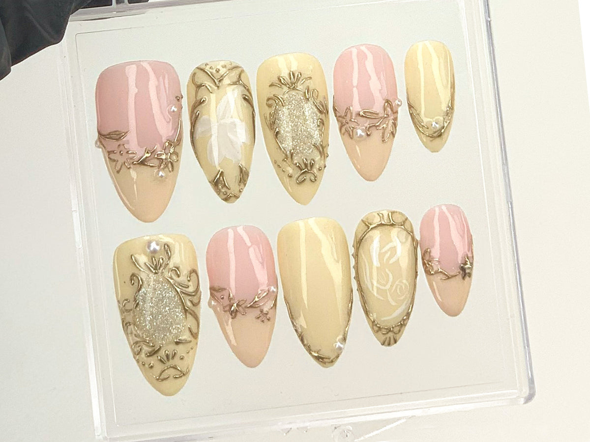 Classy Pink and Gold Press On Nails, Luxury Gold and Pink Fake Nails, Hand-Painted 3D