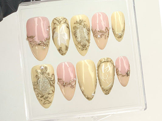 Classy Pink and Gold Press On Nails, Luxury Gold and Pink Fake Nails, Hand-Painted 3D