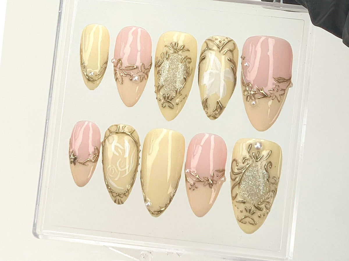Classy Pink and Gold Press On Nails, Luxury Gold and Pink Fake Nails, Hand-Painted 3D