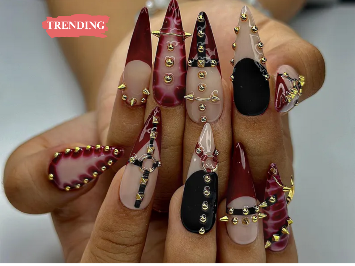 Gothic Punk Press On Nails Red Marble & Studded Spiked Nail Art Handmade Long Stiletto Nails