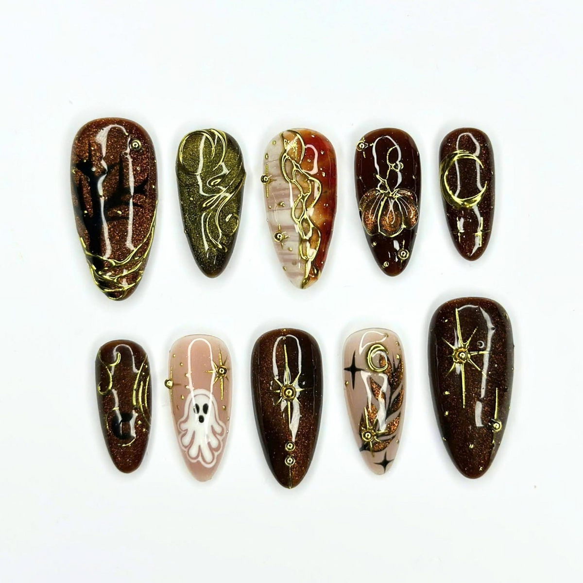 Halloween Press On Nails, Spooky Ghost Nail Art, Brown Gold Witchy Nails, Dark Celestial