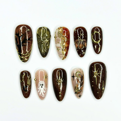 Halloween Press On Nails, Spooky Ghost Nail Art, Brown Gold Witchy Nails, Dark Celestial