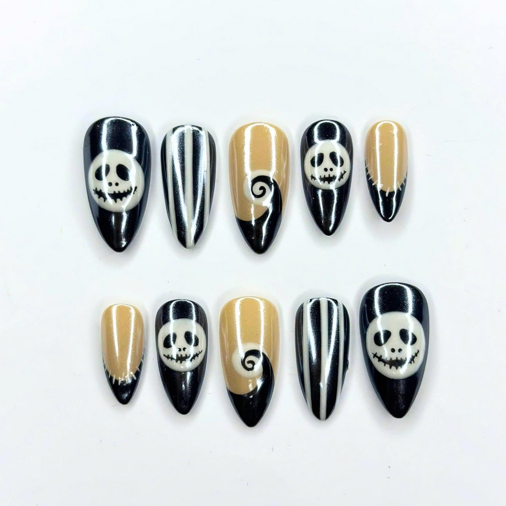 Halloween Press On Nails, Skeleton Face Nails, Black White Striped Nails, Spooky Almond