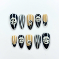 Halloween Press On Nails, Skeleton Face Nails, Black White Striped Nails, Spooky Almond