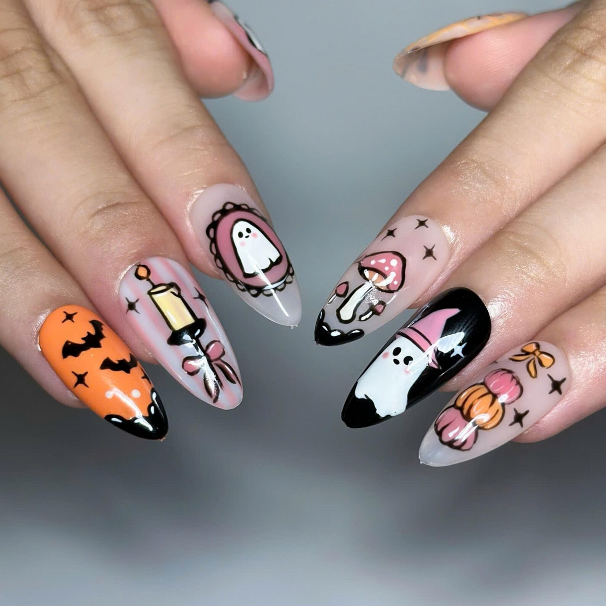 Halloween Press On Nails, Cute Ghost Pumpkin Nails, Witch Hat & Bat Nail Art, Spooky