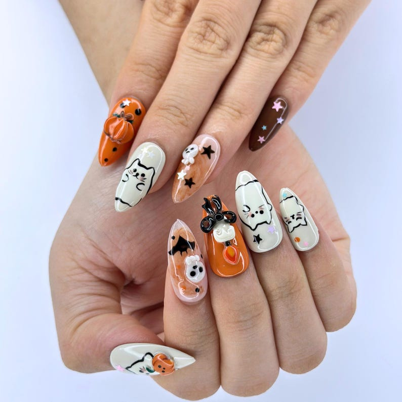 Halloween Press On Nails with Cute Ghost Cat , 3D Pumpkin Nail Art , Handmade Fall Nails