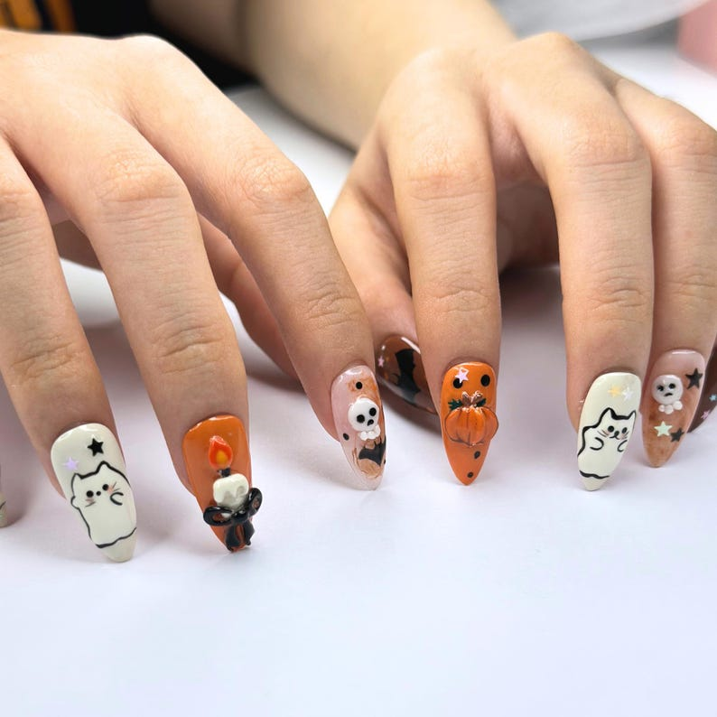 Halloween Press On Nails with Cute Ghost Cat , 3D Pumpkin Nail Art , Handmade Fall Nails