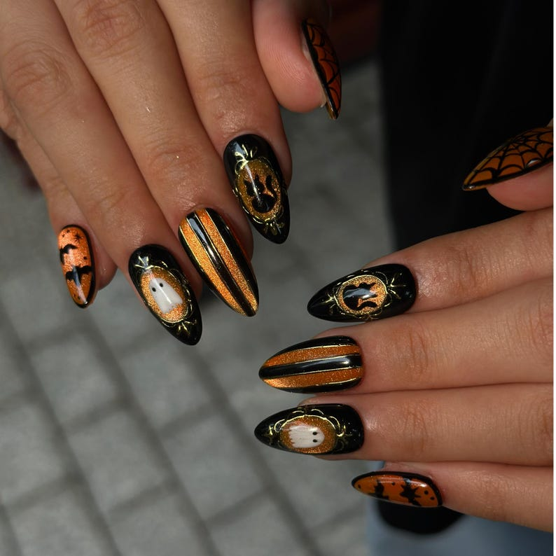 Halloween Press On Nails with Cute Ghost, Black Orange Bat Nail Art, Handmade Spooky Nails