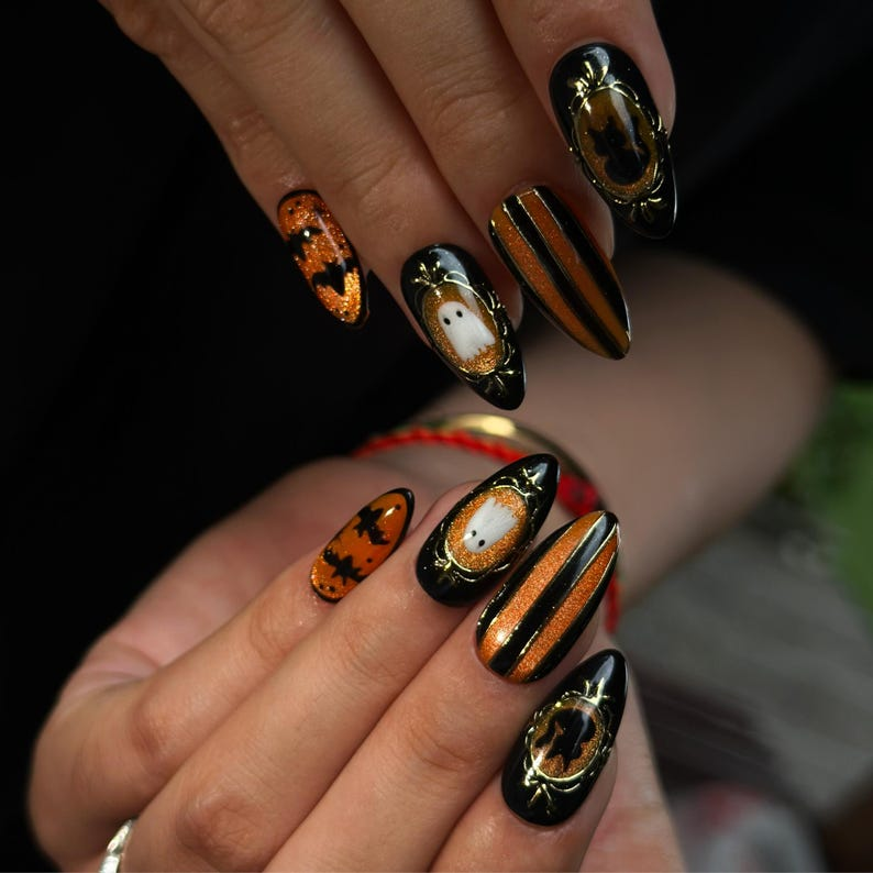 Halloween Press On Nails with Cute Ghost, Black Orange Bat Nail Art, Handmade Spooky Nails