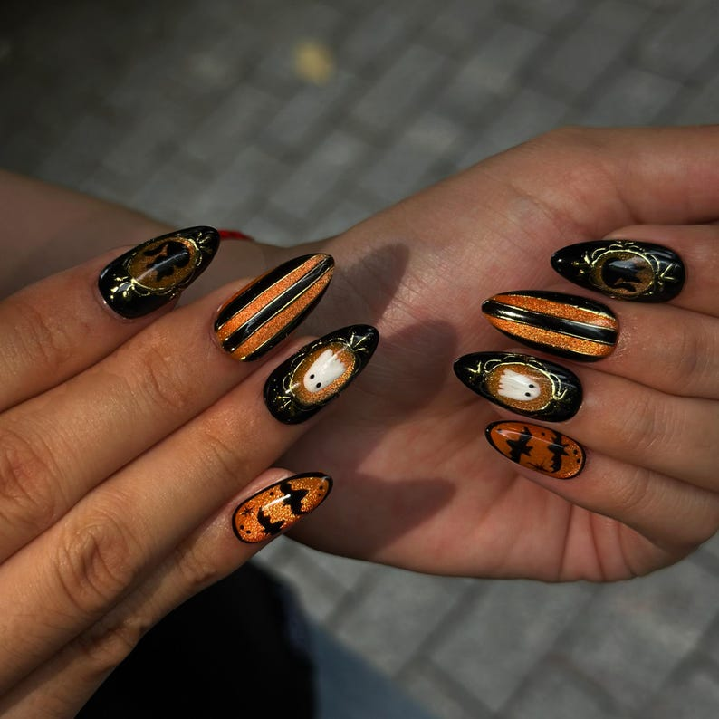 Halloween Press On Nails with Cute Ghost, Black Orange Bat Nail Art, Handmade Spooky Nails