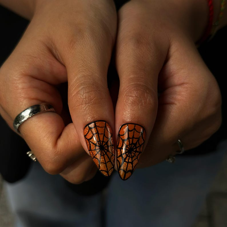 Halloween Press On Nails with Cute Ghost, Black Orange Bat Nail Art, Handmade Spooky Nails
