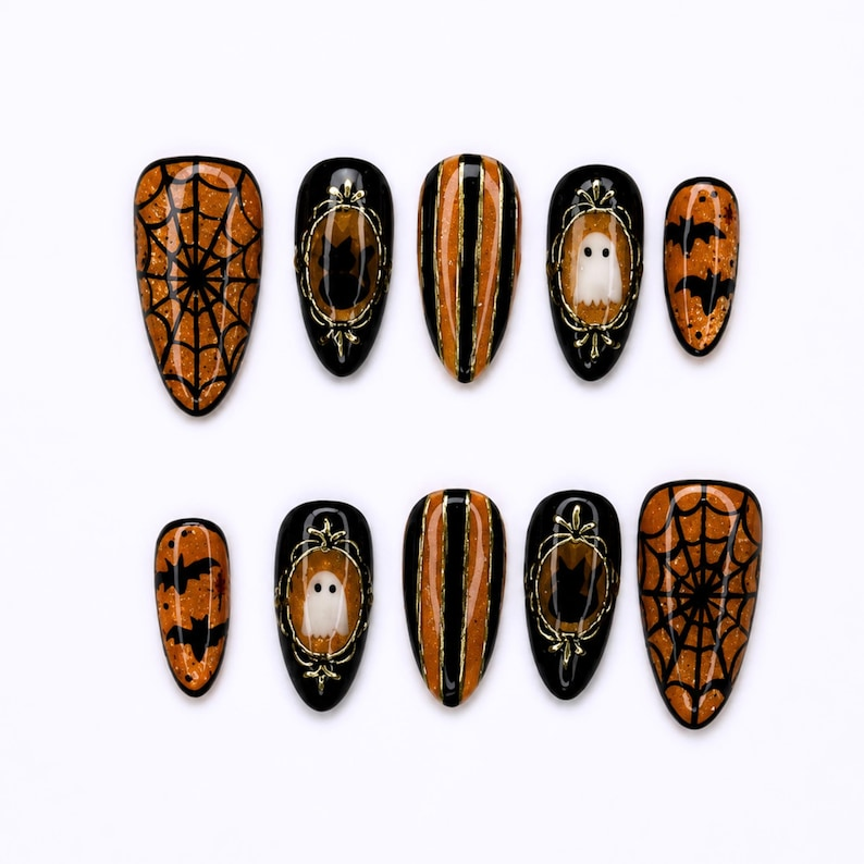 Halloween Press On Nails with Cute Ghost, Black Orange Bat Nail Art, Handmade Spooky Nails