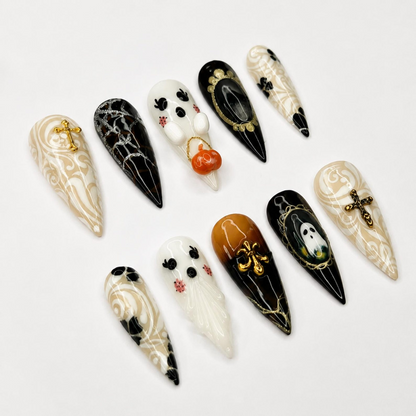 Halloween Press On Nails with Ghost & Cross Charms , Gothic Spider Web Fake Nails