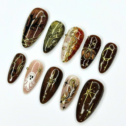 Halloween Press On Nails, Spooky Ghost Nail Art, Brown Gold Witchy Nails, Dark Celestial