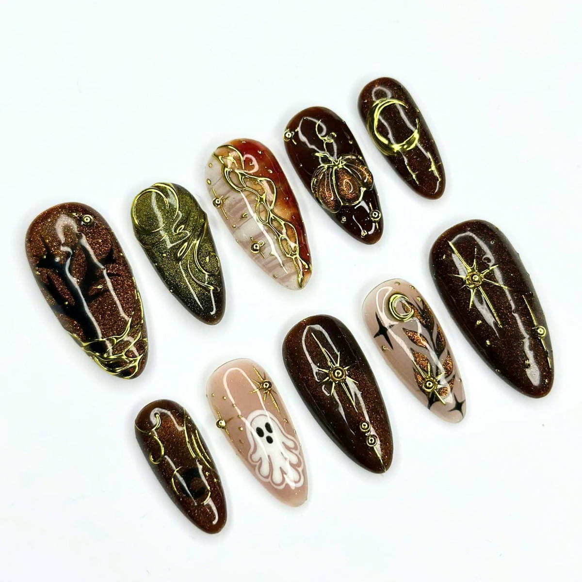 Halloween Press On Nails, Spooky Ghost Nail Art, Brown Gold Witchy Nails, Dark Celestial