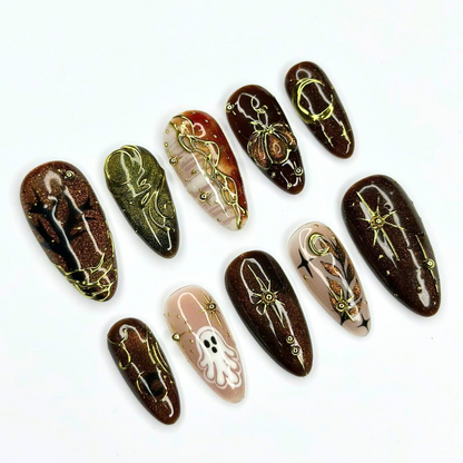 Halloween Press On Nails, Spooky Ghost Nail Art, Brown Gold Witchy Nails, Dark Celestial