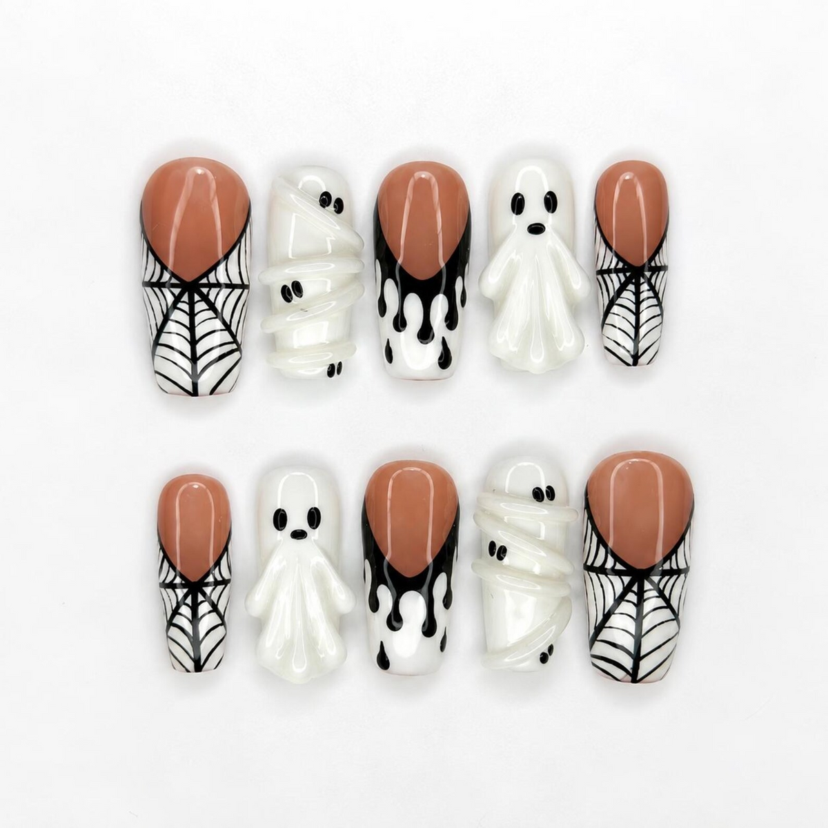 Handmade Halloween Nail Set , Halloween Press On Nails, 3D Ghost Nails, Mummy Spider Web