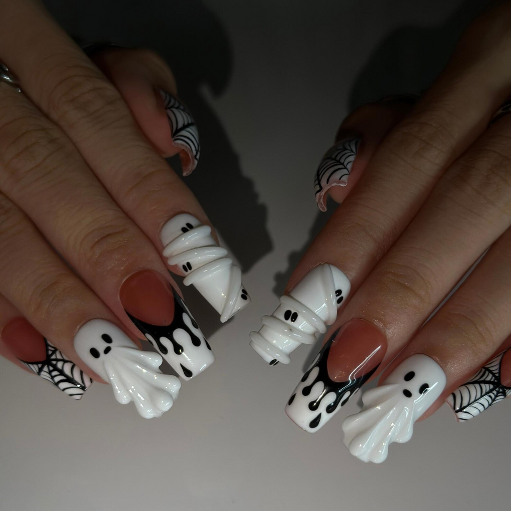 Handmade Halloween Nail Set , Halloween Press On Nails, 3D Ghost Nails, Mummy Spider Web