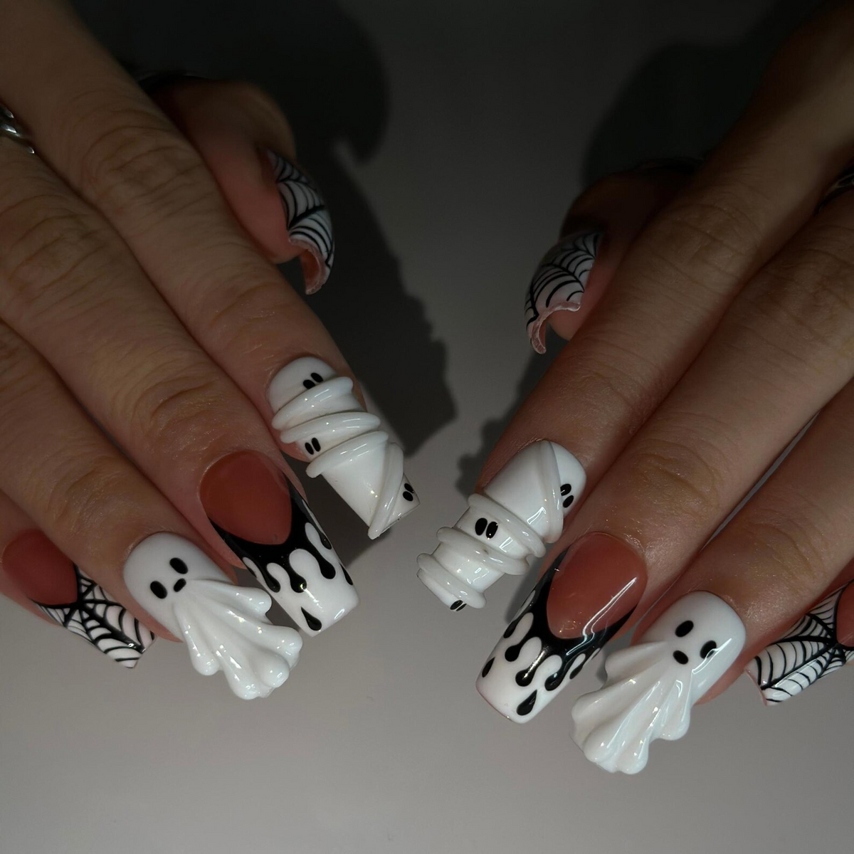 Handmade Halloween Nail Set , Halloween Press On Nails, 3D Ghost Nails, Mummy Spider Web