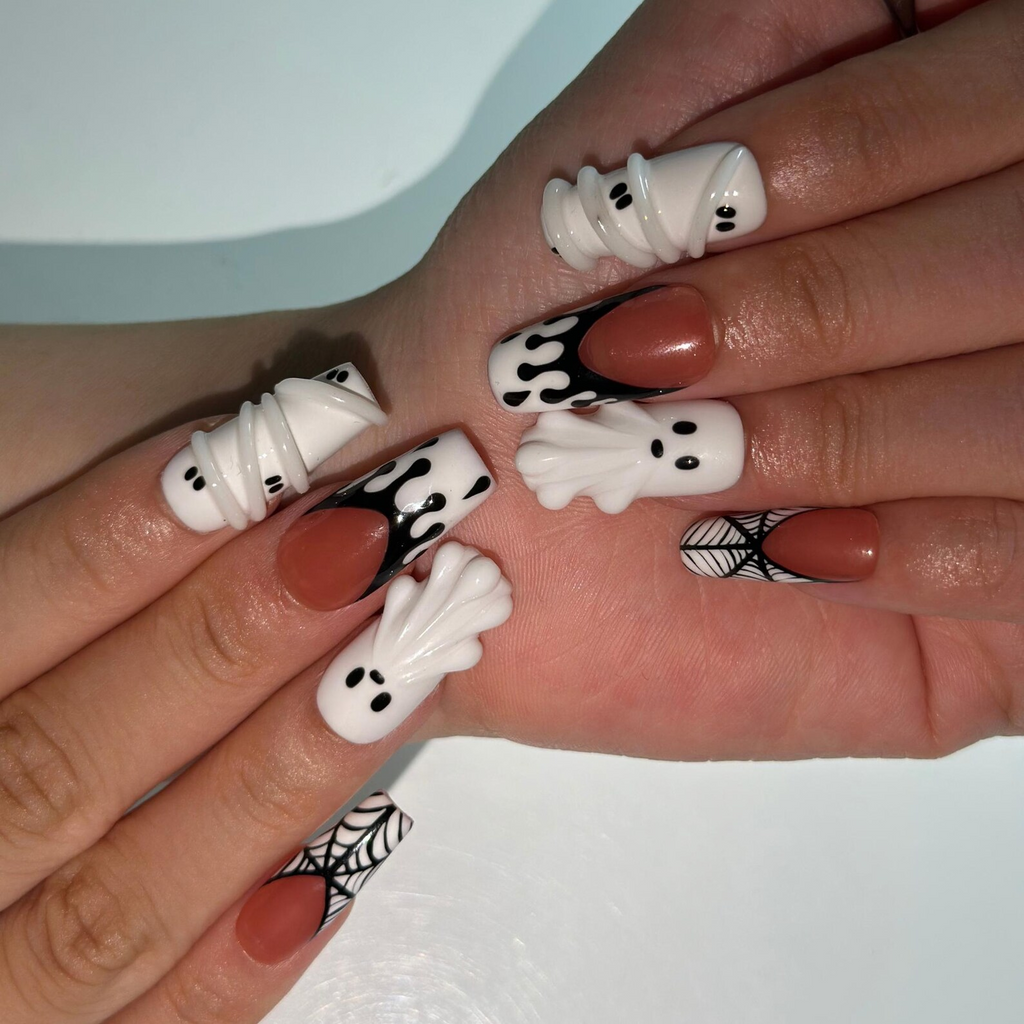 Handmade Halloween Nail Set , Halloween Press On Nails, 3D Ghost Nails, Mummy Spider Web