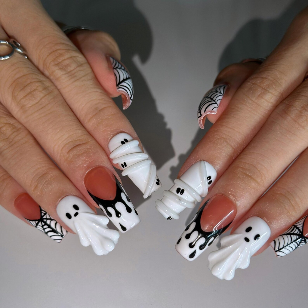 Handmade Halloween Nail Set , Halloween Press On Nails, 3D Ghost Nails, Mummy Spider Web