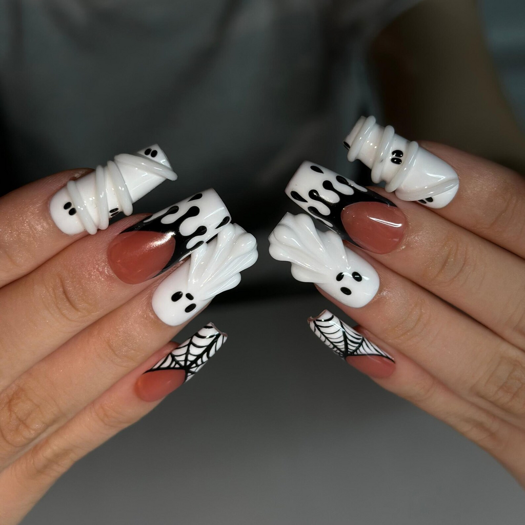 Handmade Halloween Nail Set , Halloween Press On Nails, 3D Ghost Nails, Mummy Spider Web