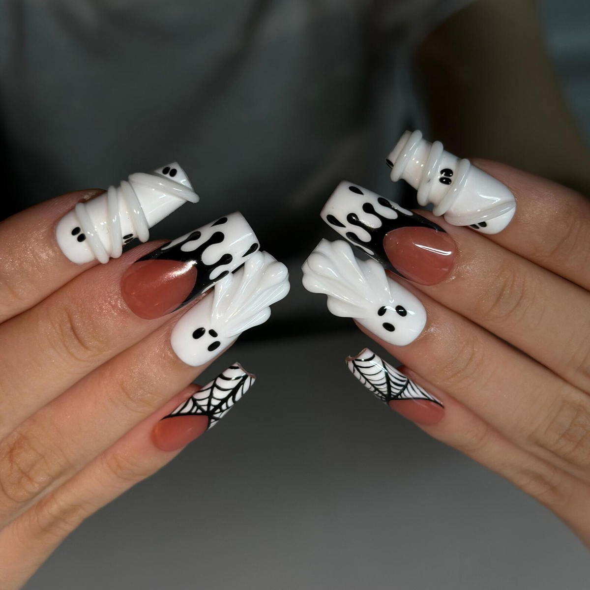Handmade Halloween Nail Set , Halloween Press On Nails, 3D Ghost Nails, Mummy Spider Web