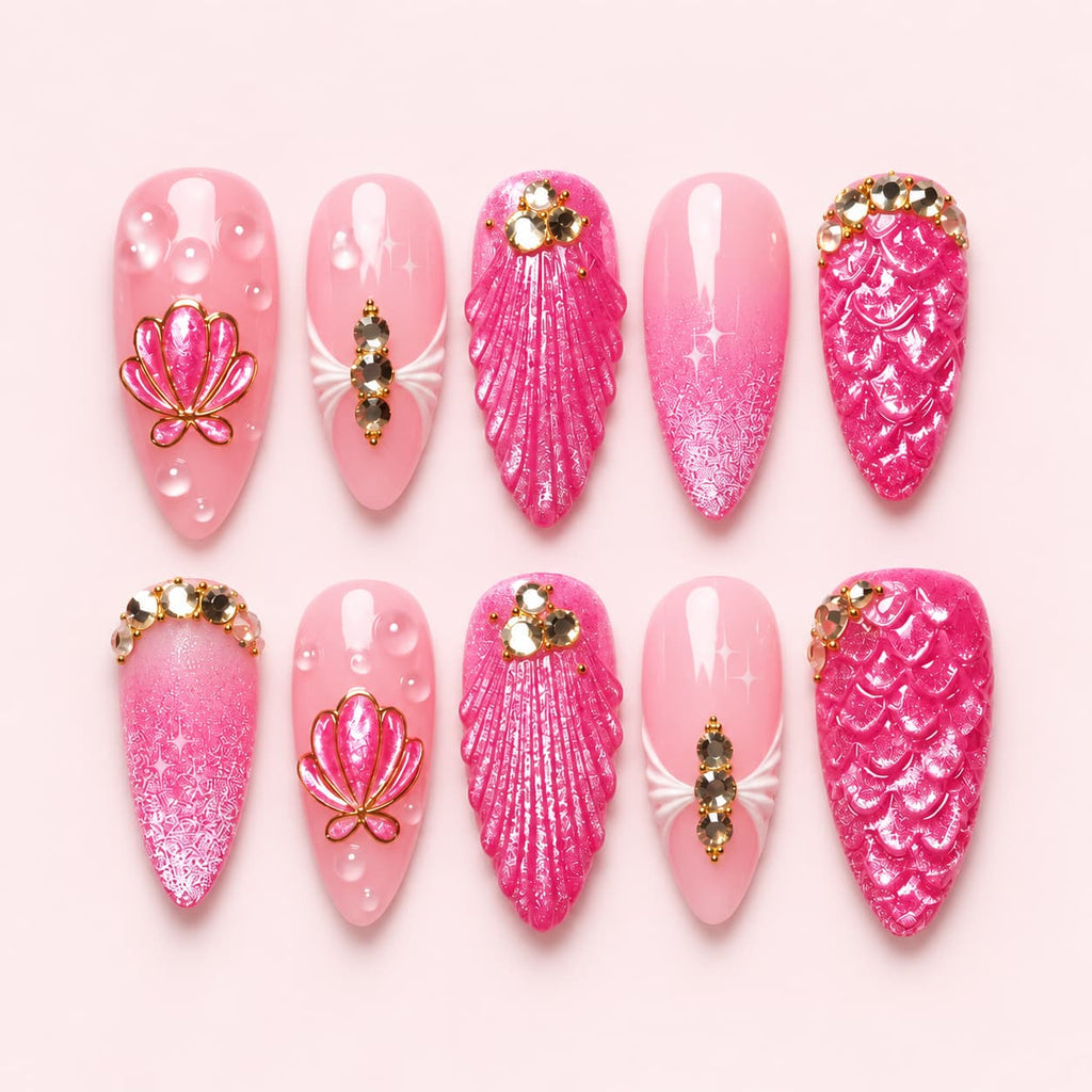 Hot Pink Mermaid Seashell Almond Press-On Nails