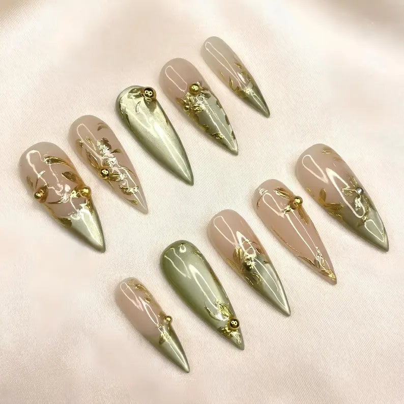 Gold Chrome Press On Nails, Sage Green Metallic Art, Elegant Nude Jelly Nails, Luxury
