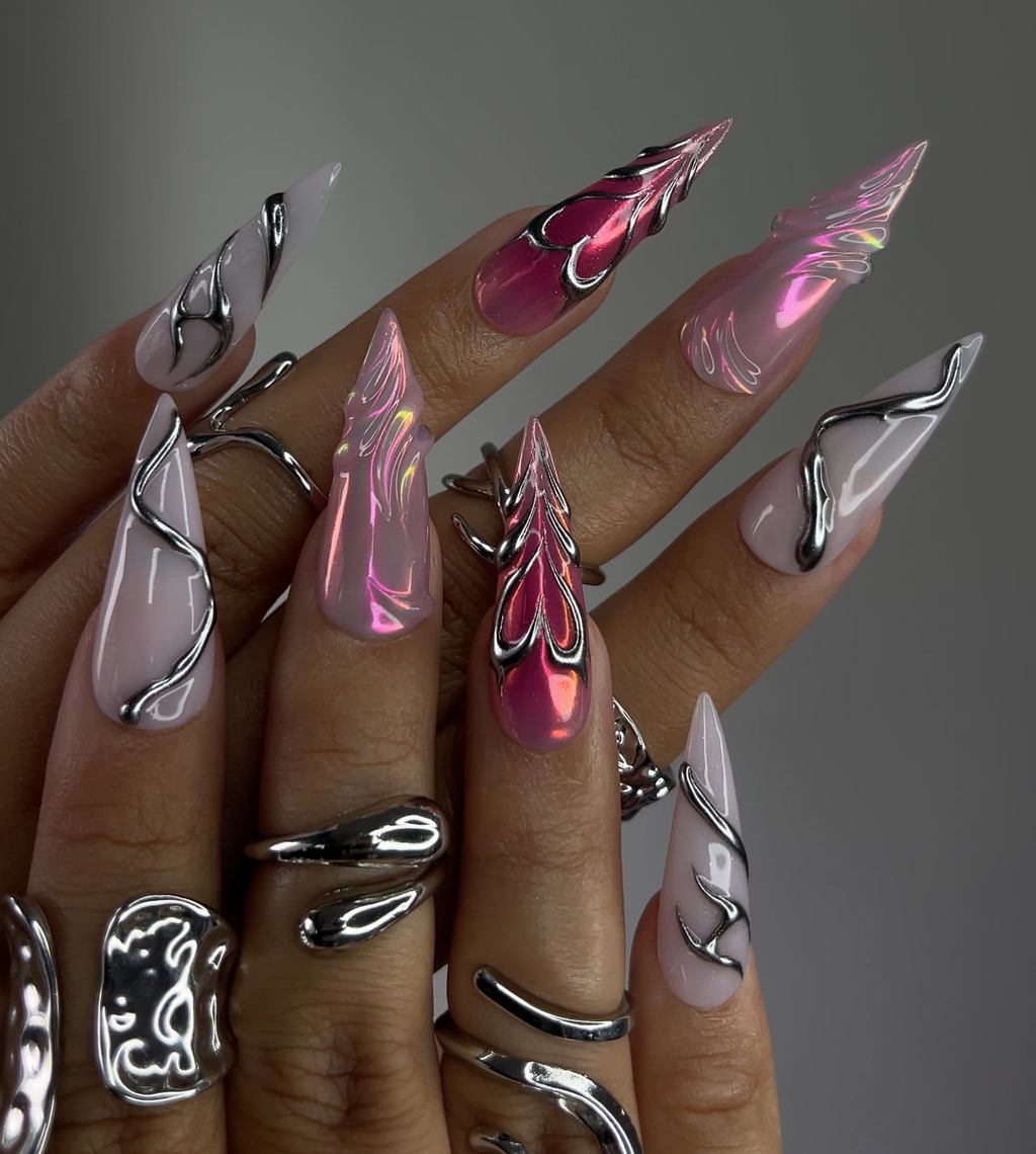 DoryNail Chrome Flame Aura Press On Nails Pink Iridescent Nail Art Metallic 3D Wave Design Futuristic Chrome Nails Handmade Statement Set