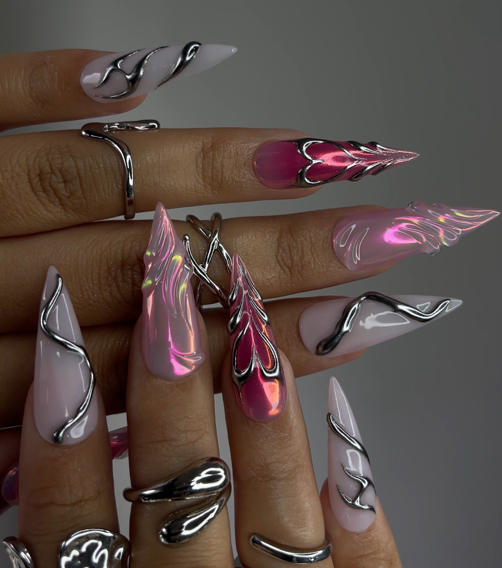 DoryNail Chrome Flame Aura Press On Nails Pink Iridescent Nail Art Metallic 3D Wave Design Futuristic Chrome Nails Handmade Statement Set