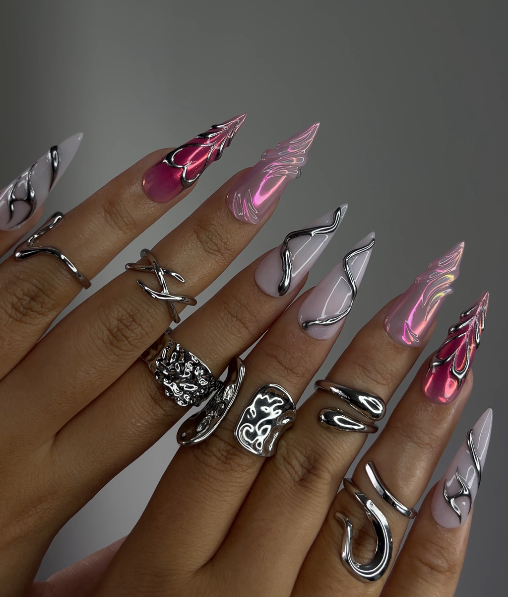 DoryNail Chrome Flame Aura Press On Nails Pink Iridescent Nail Art Metallic 3D Wave Design Futuristic Chrome Nails Handmade Statement Set