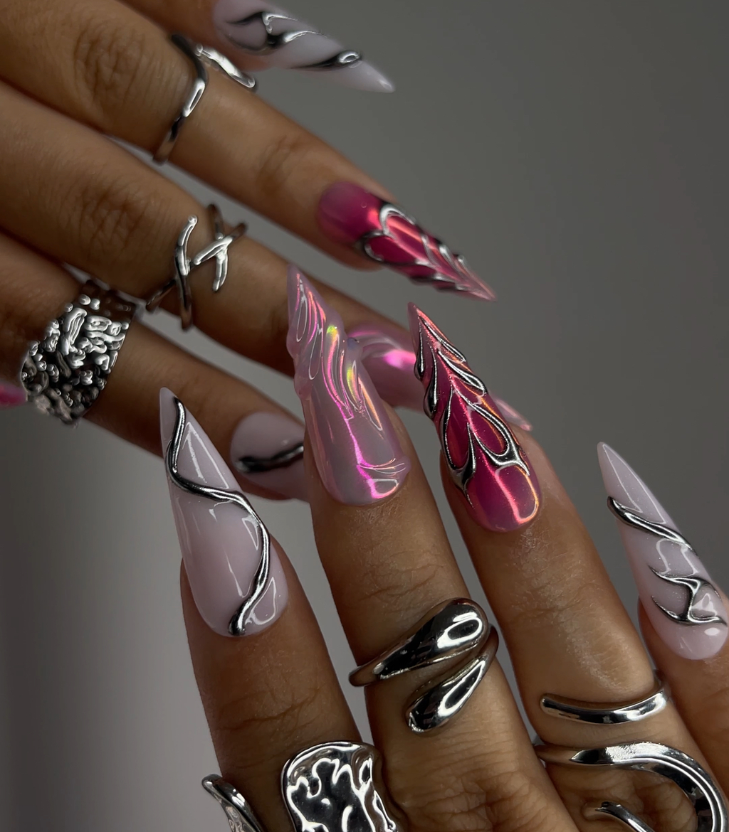 DoryNail Chrome Flame Aura Press On Nails Pink Iridescent Nail Art Metallic 3D Wave Design Futuristic Chrome Nails Handmade Statement Set