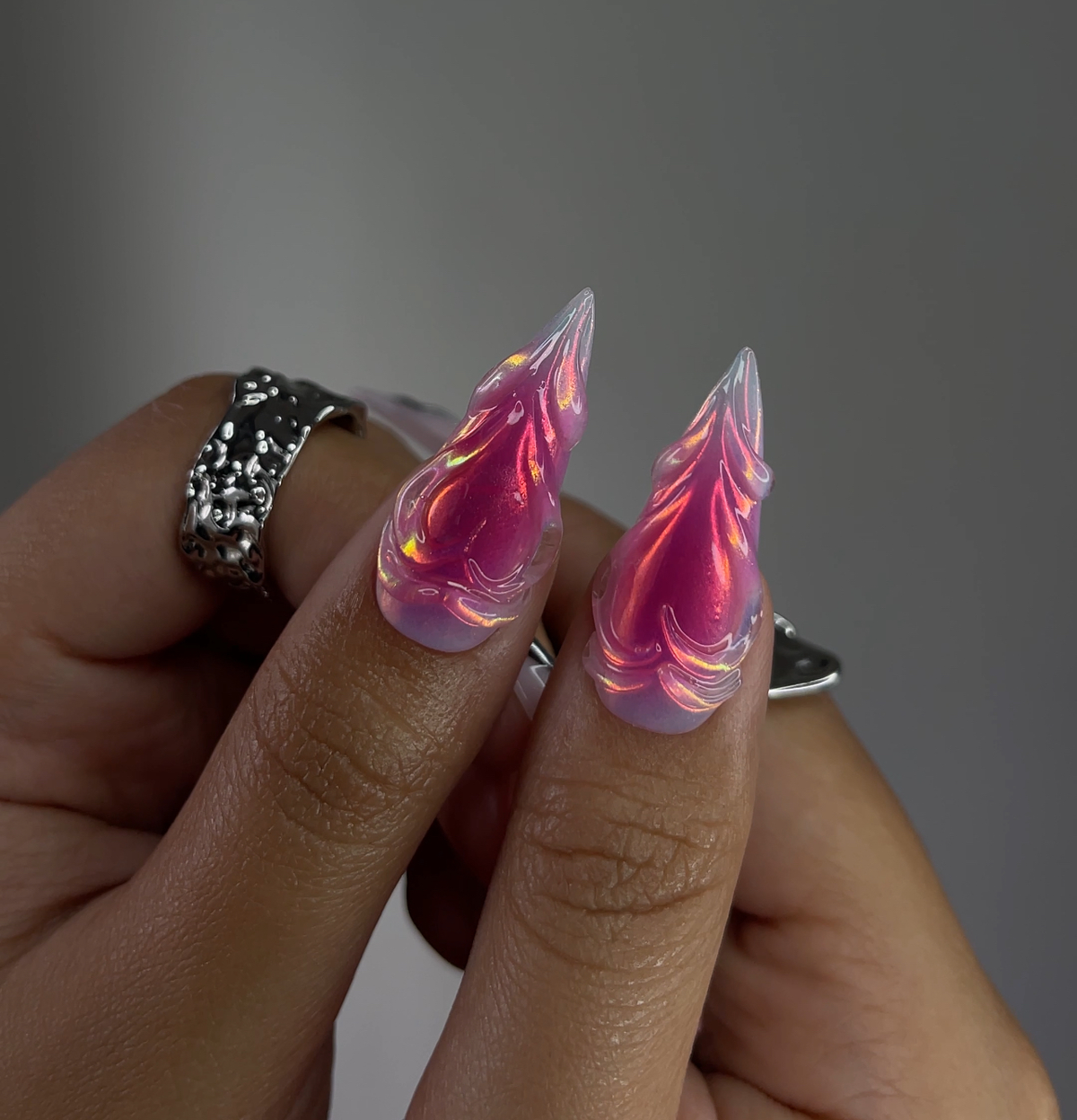 DoryNail Chrome Flame Aura Press On Nails Pink Iridescent Nail Art Metallic 3D Wave Design Futuristic Chrome Nails Handmade Statement Set