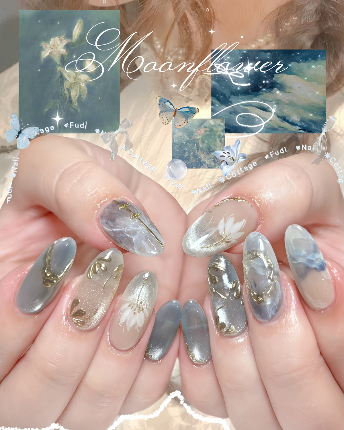 Moonflower Press-on Nails – Exclusively handcrafted by artist Fudinails
