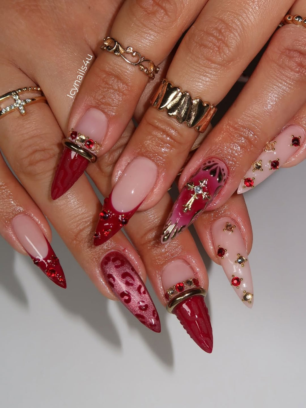 Burgundy Leopard & 3D Red Gem Press On Nails by Icy Nails 4u, Luxury Cat Eye Stiletto