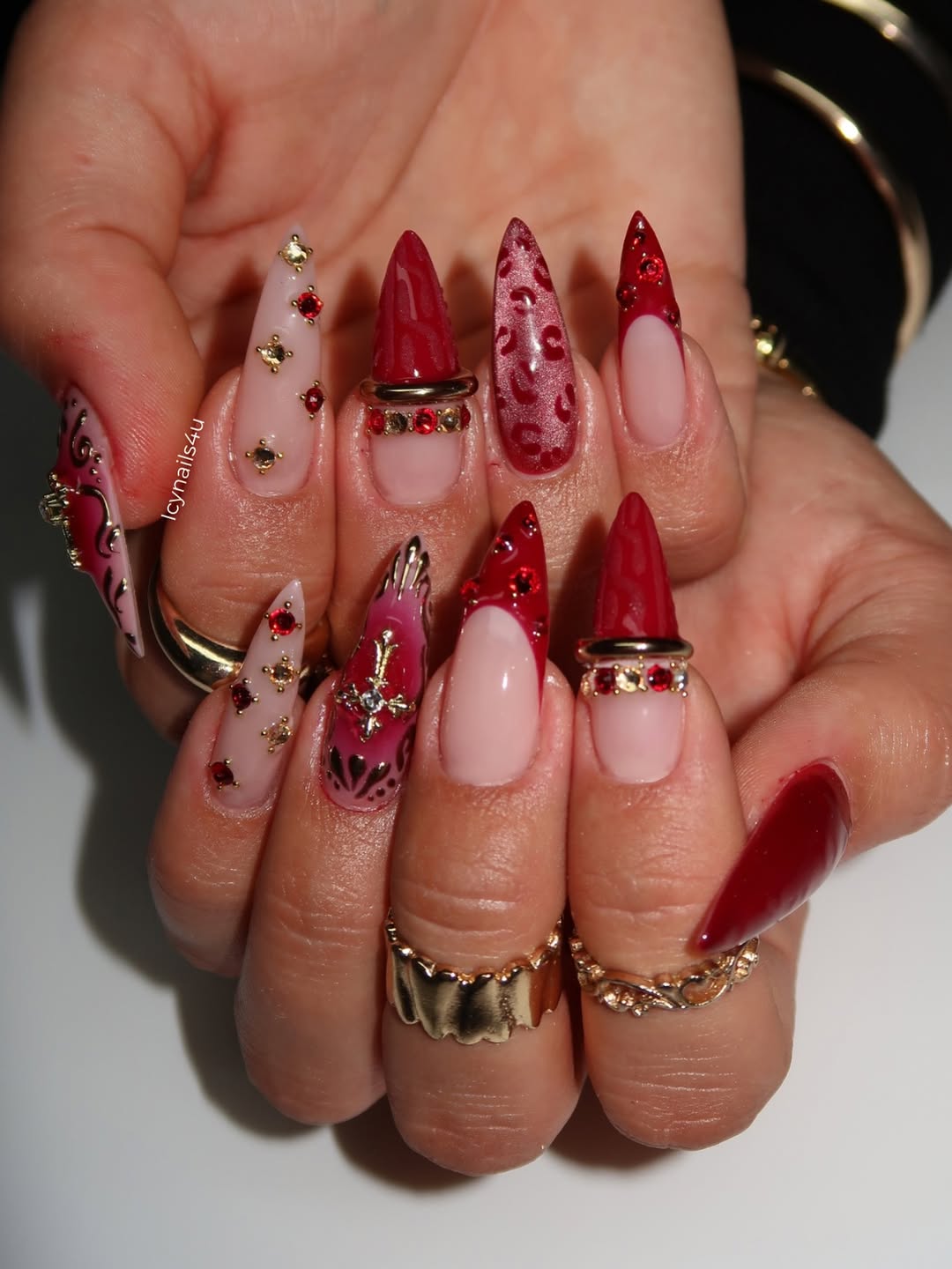 Burgundy Leopard & 3D Red Gem Press On Nails by Icy Nails 4u, Luxury Cat Eye Stiletto