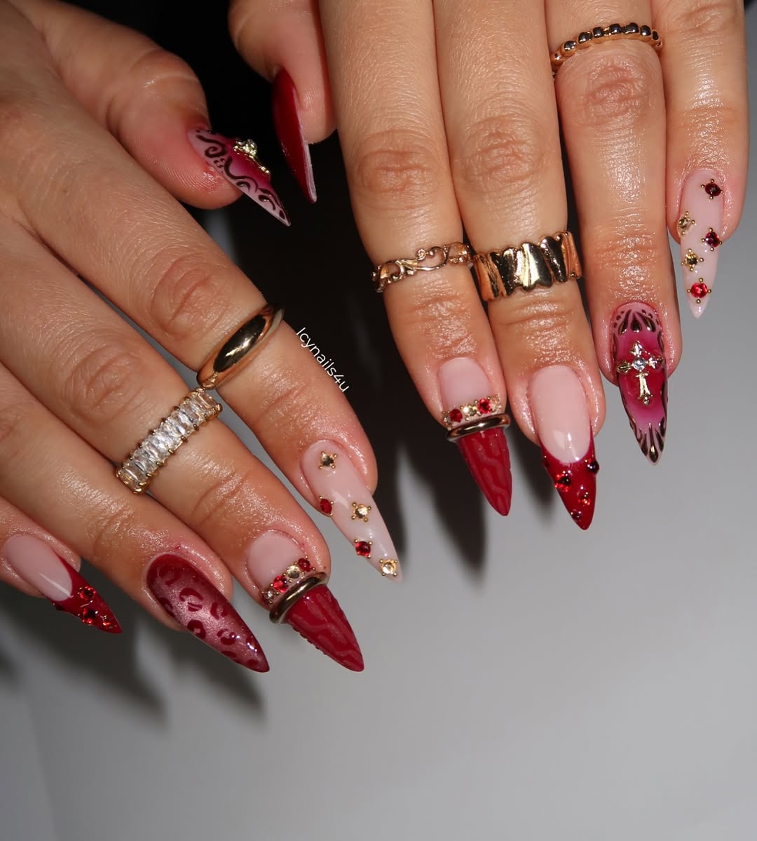 Burgundy Leopard & 3D Red Gem Press On Nails by Icy Nails 4u, Luxury Cat Eye Stiletto