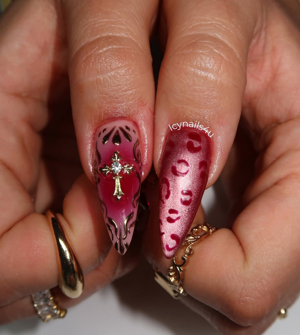 Burgundy Leopard & 3D Red Gem Press On Nails by Icy Nails 4u, Luxury Cat Eye Stiletto