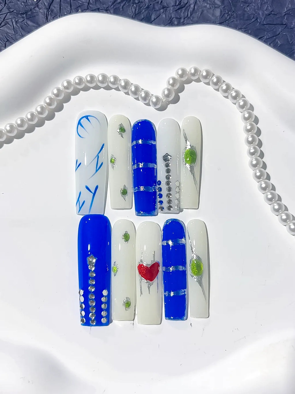 Long Blue White Square Abstract Rhinestone Heart