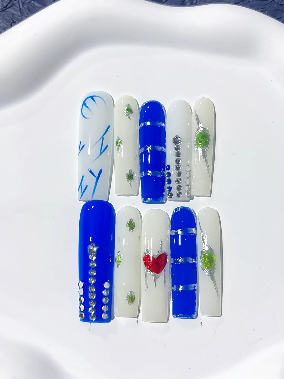 Long Blue White Square Abstract Rhinestone Heart
