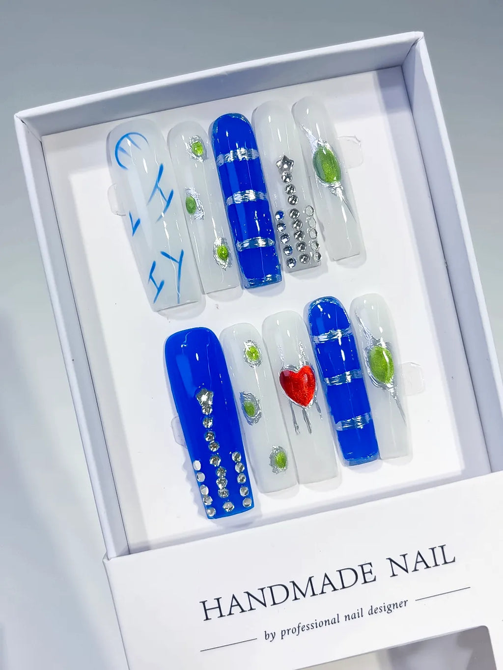 Long Blue White Square Abstract Rhinestone Heart