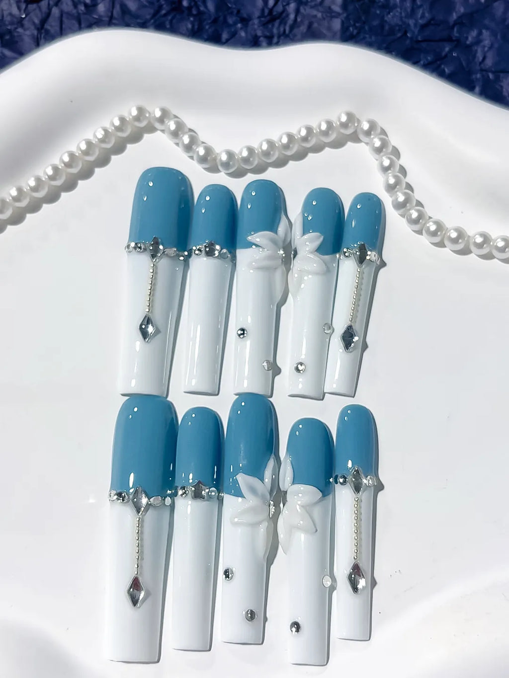 Long Blue White Square French tip Flower Chain