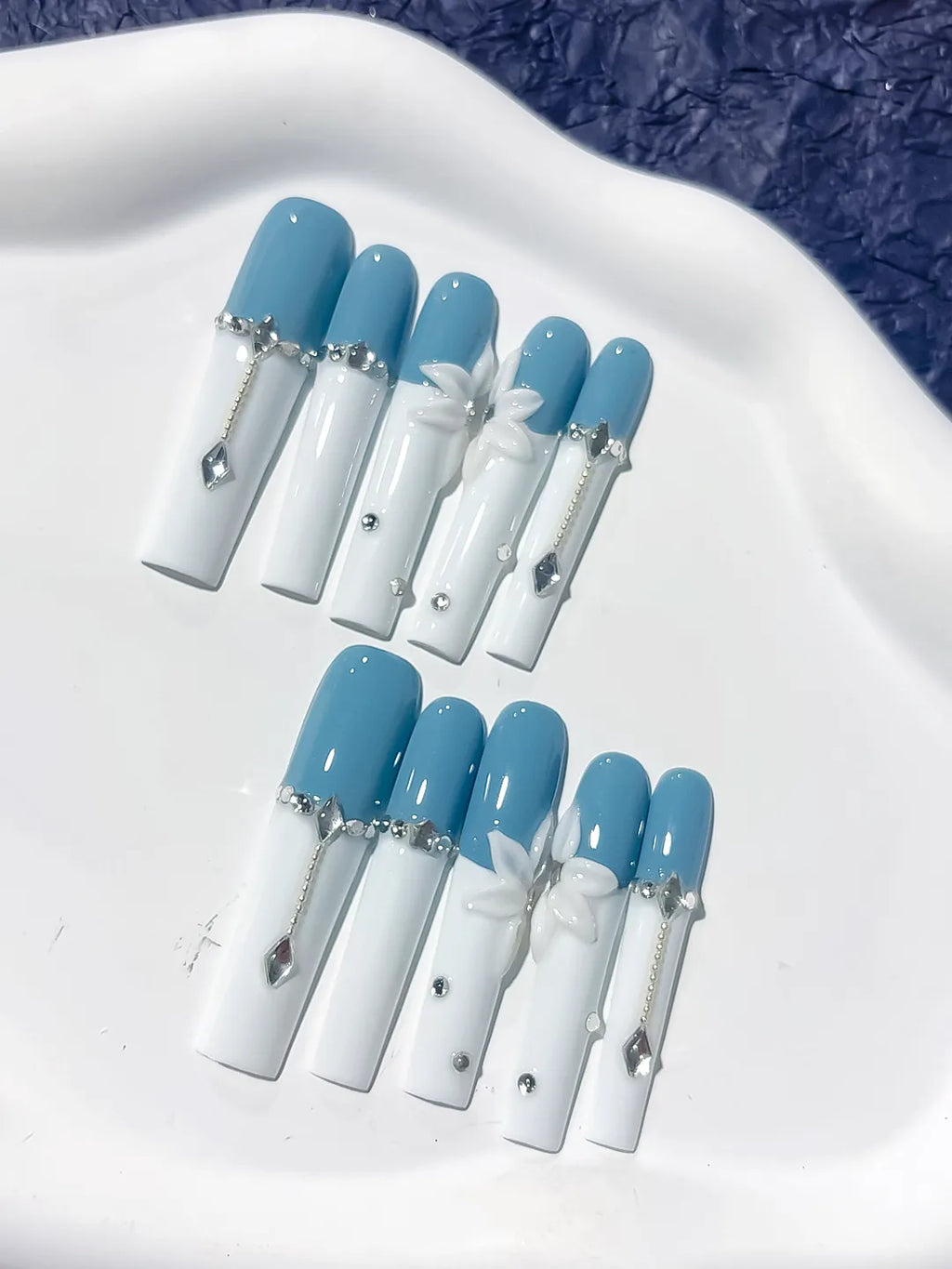 Long Blue White Square French tip Flower Chain