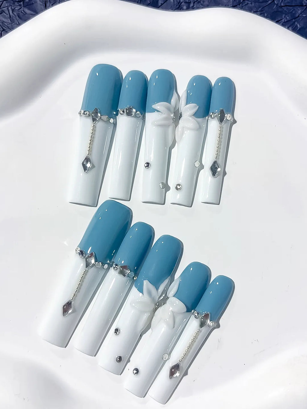 Long Blue White Square French tip Flower Chain