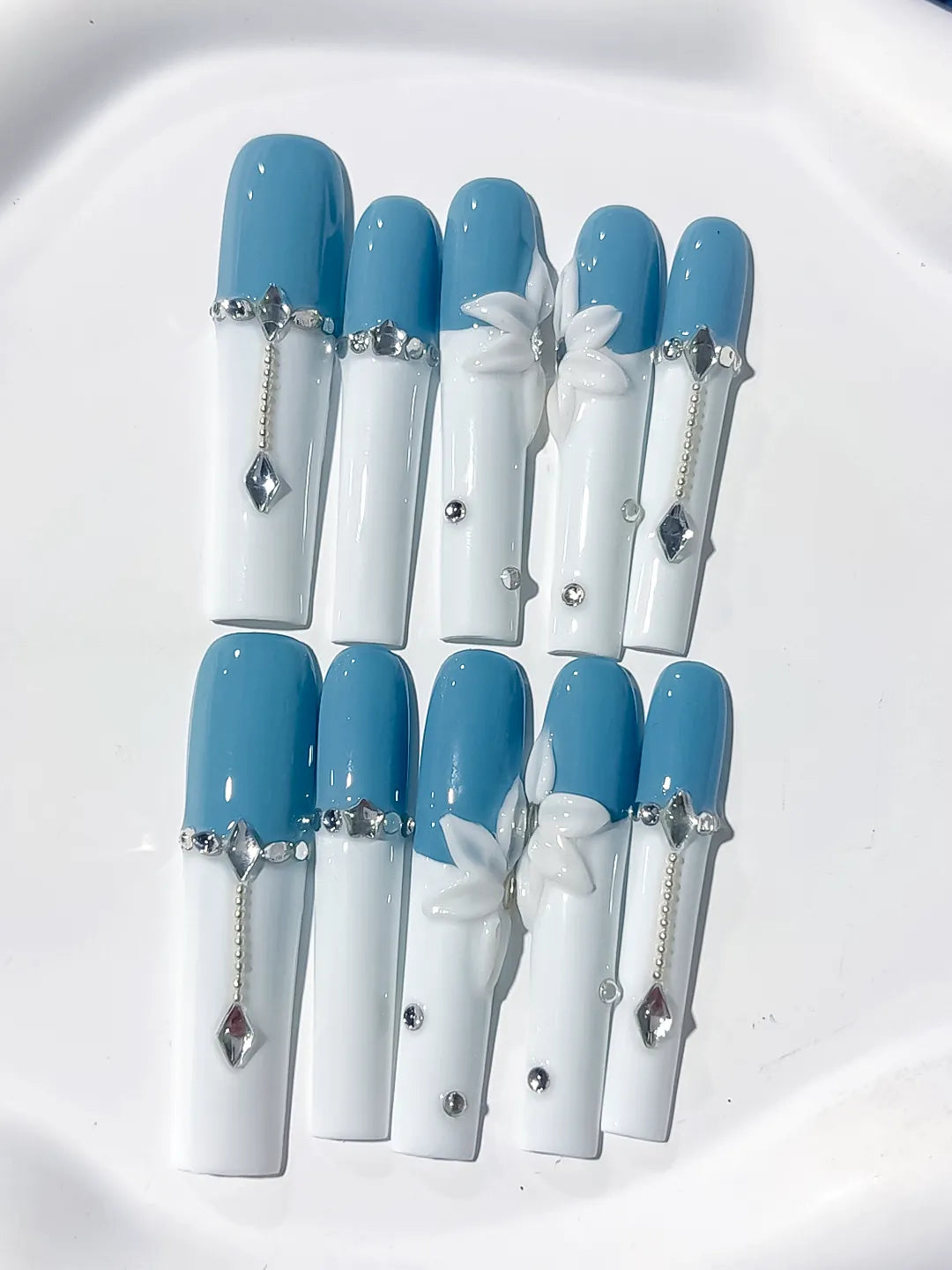 Long Blue White Square French tip Flower Chain