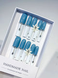 Long Blue White Square French tip Flower Chain